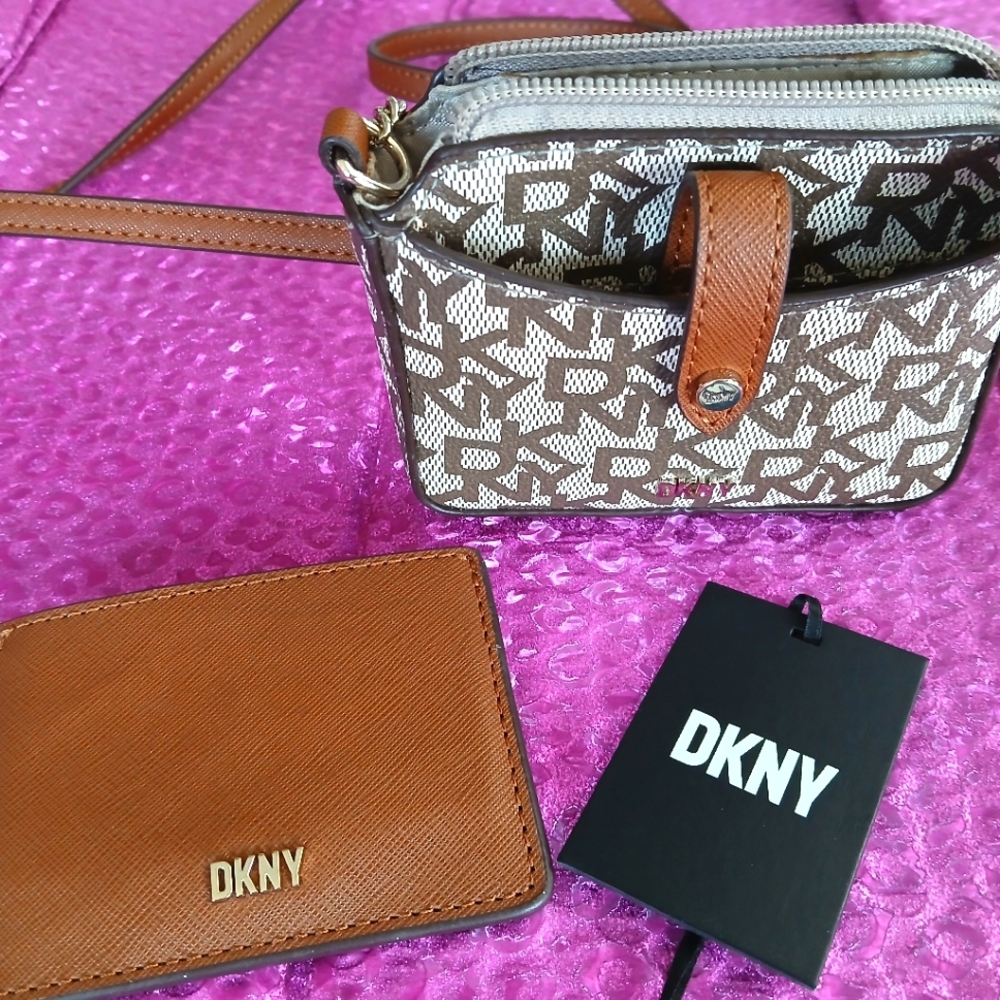 DKNY Tan and White Patterned Crossbody Bag with Card Holder